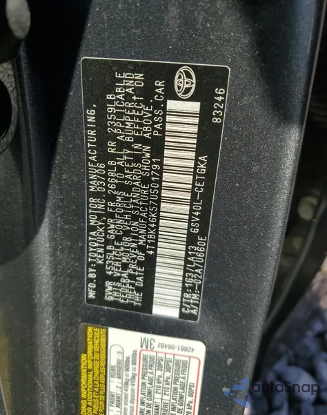 2007 Toyota Camry Le из США, поврежденный, VIN 4T1BK46K57U501791